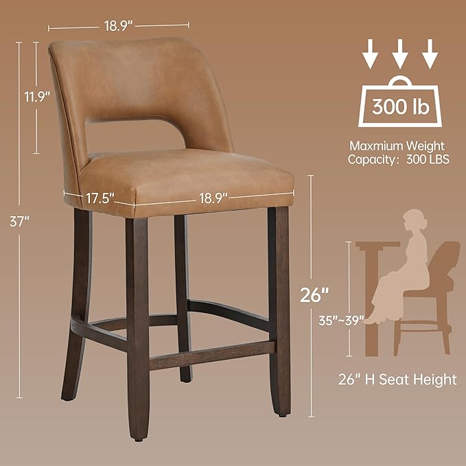 VKNOW 26" Bar Stools Set of 2, Faux Leather Counter Height Bar Stools with Backrest and Rubberwood Legs, Upholstered Barstools for Kitchen Island, Bar and Dining Room, Brown