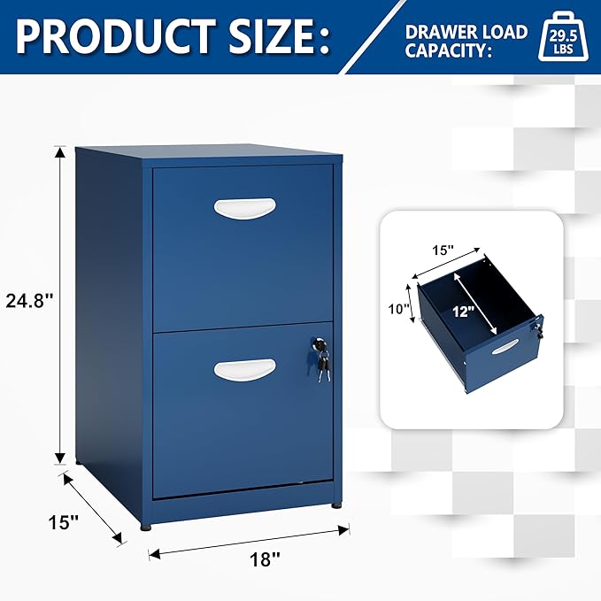 Polup 2 Drawer File Cabinet with Lock, Small Filing Cabinet for Home Office, Metal File Cabinet with Drawers for Under Desk, Blue, Assembly Required