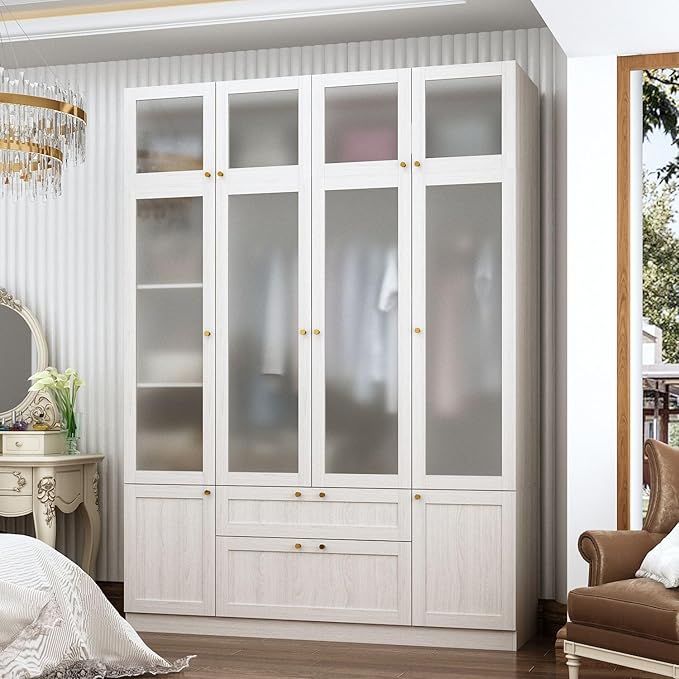 MOUMON 86.6" 4-Door Wardrobe Closet with Frosted Glass Doors & 2 Drawers, Double Hanging Rods & Shelves, Top Storage, Wide Armoire Closet Light Oak 63”W x 19.7”D x 86.6”H