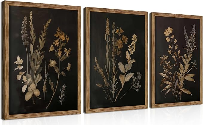 Framed Dark Botanical Wall Art Set of 3, Black Moody Floral Wall Decor Paintings, Dark Academia Decor, Vintage Flower Artwork Prints Pictures for Living Room Bedroom Bathroom 12x16 Inch