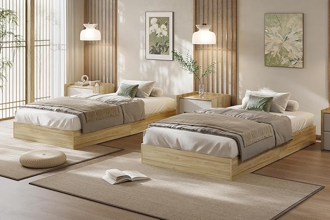 Garvee Twin XL Solid Wood Platform Bed Frame – Floor-Standing, No Box Spring Needed, Modern Minimalist Design, Sturdy Wooden Slats, Easy Assembly, Space Saving Bed Frame, Golden Tan Wood