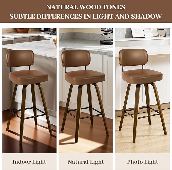 Bekrvio Swivel Bar Stools Set of 4, 29" Upholstered Faux Leather Barstools with Back and Bent Wood Legs, Mid Century Modern Bar Chair Island Stool for Kitchen Counter, Brown