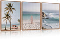 HPINUB Beach Seascape Framed Canvas Wall Art,(Set of 3,12X16 Inch) Palm Tree Surfboard Nature Wall Decor,Modern Coastal Landscape Artwork Relax Summer Ocean Art Print For Living Room,Bathroom Decor