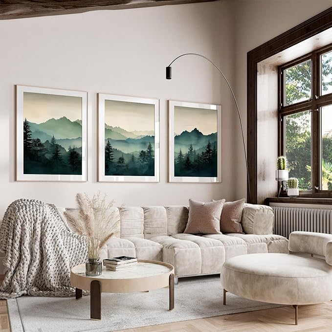 Mountain Wall Art Decor Set of 3 Sage Green Forest Canvas Wall Art Prints Nature Landscape Wall Decor Watercolor Pine Tree Pictures Abstract Modern Painting for Living Room Bedroom 12x16 Inch Unframed