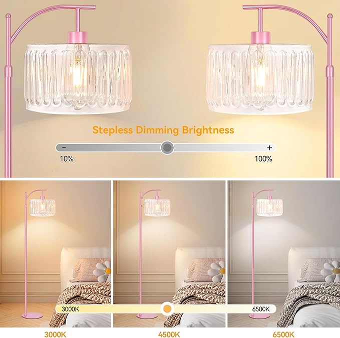 QIYIZM Pink Floor Lamp for Living Room,Bedroom,Gold Dimmable Standing Lamp with Remote,Mid Century Modern Brass Tall Lamp Boho Floor Lamps Arc Stained Glass Flower Floor Light Lamp Girls kids Bohemian