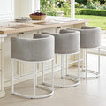 ClinQ 26" H Counter Height Bar Stools Set of 3, Modern Barrel Counter Stools with Backrest and Arms, White Metal Frames, Linen Fabric Upholstered Accent Barstools for Kitchen Island, Light Grey