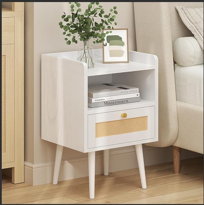MECHYIN Night Stand Set 2, Nightstands Set of 2 with Charging Station, Rattan Side Tables with Solid Wood Legs, Boho Bedside End Table for Apartment Bedroom Dorm Small Space - White