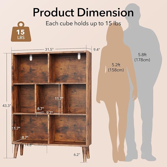 DUMOS Bookshelf, 7 Cube Book Shelf with Legs, 3-Tier Modern Wooden Bookcase, Free Standing Cube Shelf for Living Room, Bedroom, Office, Retro Brown