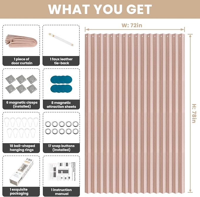 Jilron Accordian Door Curtain, 100% Blackout Folding Magnetic Doorway Curtains,Linen Style Closet Doors,for Room Divider,Privacy Protection（W72 x L78,Pink,1 Panel）