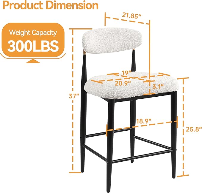 Morden Fort Counter Height Bar Stools Set of 2, Modern Cream Counter Stools with Backs and Gold Accent, 26" Boucle Upholstered Island Chairs for Kitchen and Home Bar