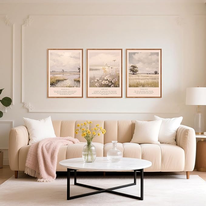 HPINUB Christian Bible Verse Framed Canvas Wall Art Set, (Set of 3,12X16 Inch) Modern Scripture Floral Wall Decor,Vintage Jesus Religious Natural Wildflower Art Print For Living Room,Prayer Room