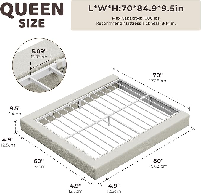 RECCI AirFrame Queen Bed Frame, Cloud Upholstered Platform Bed Frame, 5 Inch Fully Boxy Foam Cushioned, Square Shape Base, No Box Spring Needed, Easy Assembly | Cream Boucle, Soft Low-Profile