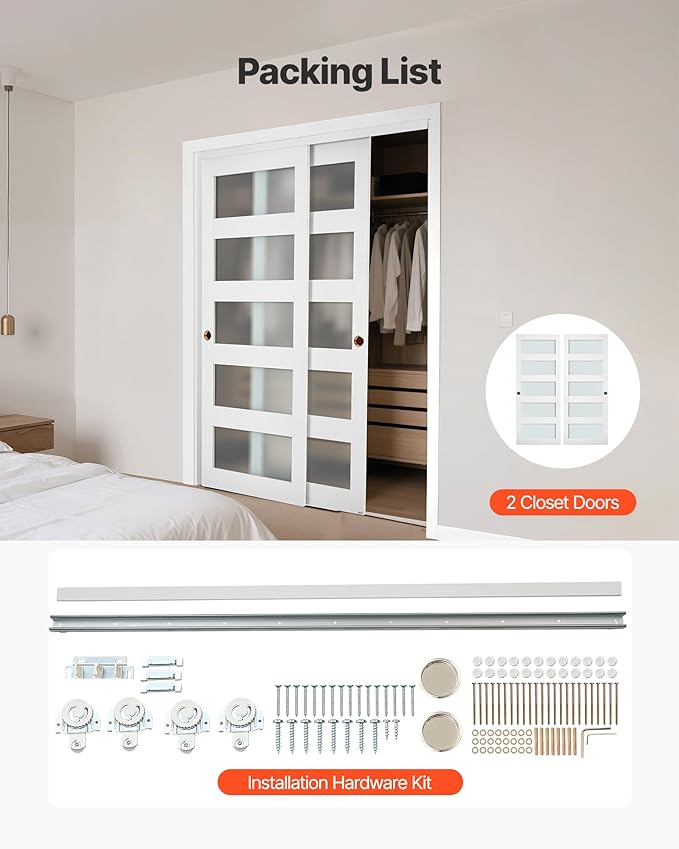 VEVOR Sliding Closet Door, 60" (Double 31") x 80", 5-Lite Frosted Glass with Hardware Kit & Floor Guide, Solid Wood & MDF Slab with Waterproof PVC Surface, Pre-Drilled Doors Panel, Need to Assemble
