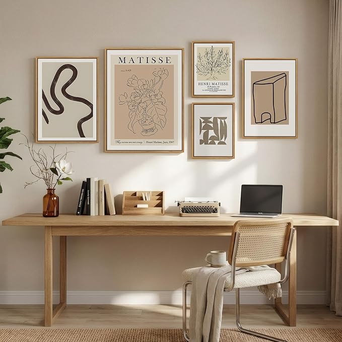 Large Framed Matisse Neutral Wall Art Set of 5, Abstract Beige Modern Minimalist Geometric Floral Canvas Prints for Living Room Bedroom Hallway Home Office