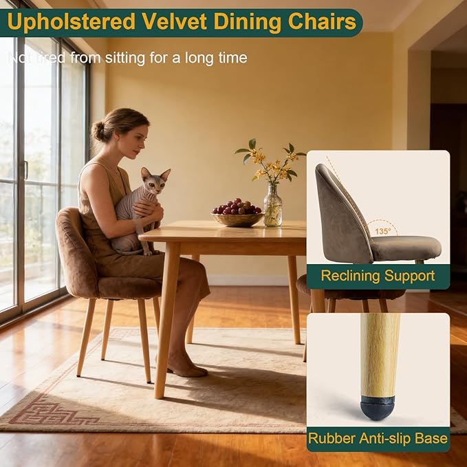 Dining Chairs Set of 2, Velvet Comfortable Seats, Mid-Century Modern Living Room Chairs, Upholstered Kitchen Chairs with Wooden Legs and Padded Seat for Bedroom Office Easy Assembly, Brown