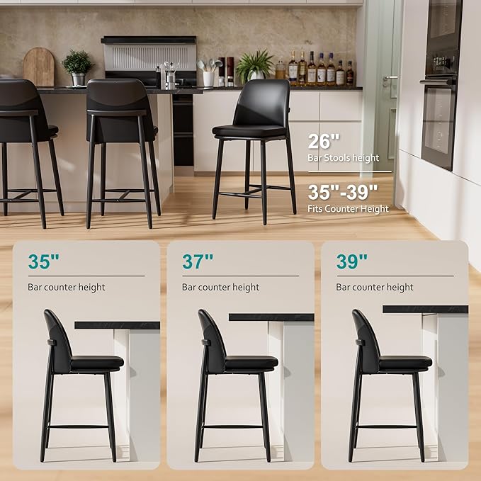 GXJ Bar Stools Set of 2, Upholstered Counter Height Bar Stools, 26 Inch Modern Counter Stools with Back, Textured Leather&Fabric, Metal Legs,Barstools for Kitchen Island Dining Room, Black