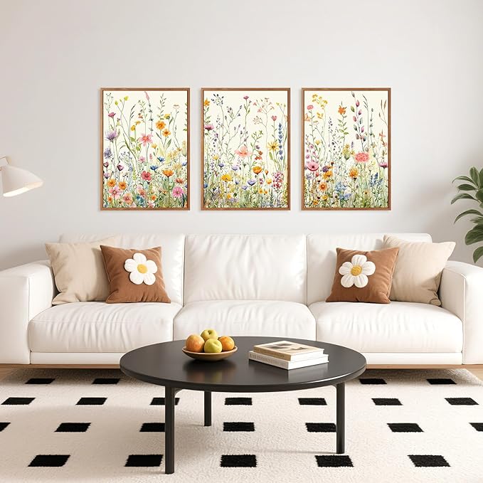 HPINUB Colorful Flower Framed Canvas Wall Art Set, (Set of 3,12X16 Inch)Watercolor Daisy Floral Wall Decor, Wildflower Green Leaf Wall Painting, Multicolour Botanical Art Print for Living Room,Office