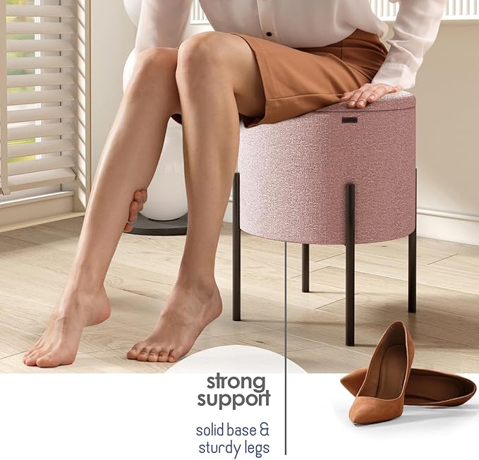 STORAGEBUD Round Ottoman with Storage, Boucle Storage Ottoman, Foot Stool Ottoman, Makeup Vanity Stool, Small Ottomans Foot Rest, Modern Ottomans for Living Room and Bedroom, Pink