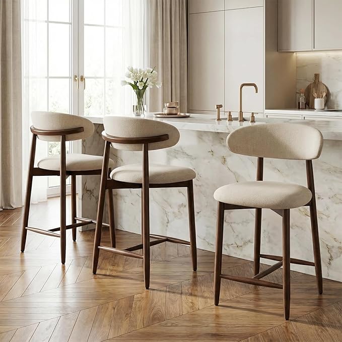 Bar Stools Set of 3, 25.6″ Counter Height Bar Stools with Wood Legs, Upholstered Modern Kitchen Barstools for Kitchen Island Dining Room Bar, Beige