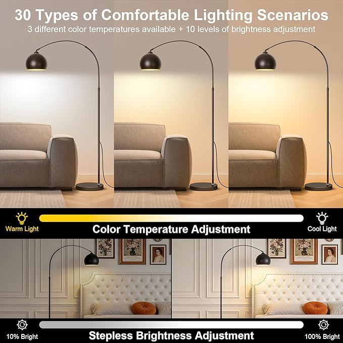 Matte Black Arc Floor Lamp 71" Tall, Dimmable 12W LED Smart Standing Lamp with Remote Control, 360° Rotatable Adjustable Height & Span, Reading Floor Lamp for Living Room, Bedroom, Office, Library
