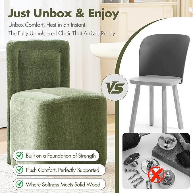 Hyfirm Upholstered Dining Chairs Set of 2, Mid-Century Scandinavian Parsons Armless Chairs with Plush Seat Cushion for Diningroom Bedroom Livingroom Reading Room，Green Fabric