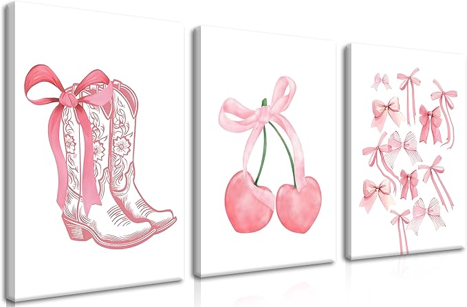 Fashion Pink Bows Wall Art Set of 3, Preppy Watercolor Cherry Cowboy Boots Wall Decor Posters, Cute Aesthetic Room Decor Canvas Prints Picture for College Girl Apartment Bedroom 16x24 Inch Framed