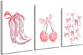 Fashion Pink Bows Wall Art Set of 3, Preppy Watercolor Cherry Cowboy Boots Wall Decor Posters, Cute Aesthetic Room Decor Canvas Prints Picture for College Girl Apartment Bedroom 16x24 Inch Framed