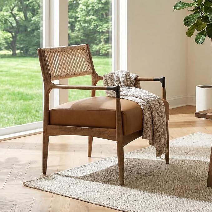 Ya-Home Mid-Century Modern Accent Chair with Woven Rope Back, Upholstered PU Leather Armchair with Solid Wood Frame for Living Room Bedroom, 1PC, Brown