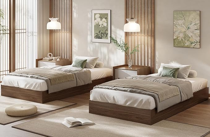 Twin Size Solid Wood Platform Bed with Sturdy Wooden Slats, Floor-Standing Bed Frame, Modern Minimalist Design Space-Saving Bed Frame, No Box Spring Needed, Space Saver, Easy Assembly, Walnut Wood