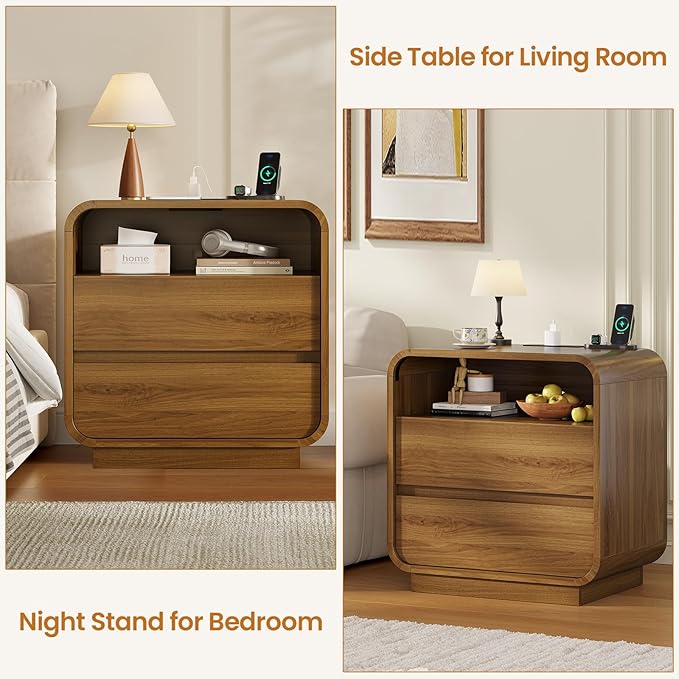 HAUOMS 25" Tall Modern Nightstand with Charging Station, 23.6" Wide Wood Bedside Table w/2 Storage Drawers, Curved Profile Design, Large Mid Century End Table for Bedroom, Living Room, Walnut