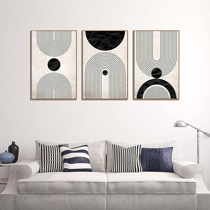 arteWOODS Framed Wall Art Canvas Set Mid Century Boho Pictures Modern Abstract Geometric Wall Decor Minimalist Black Beige Bohemian Painting Artwork for Living Room Bedroom Office 32" x 48" *3 Natural