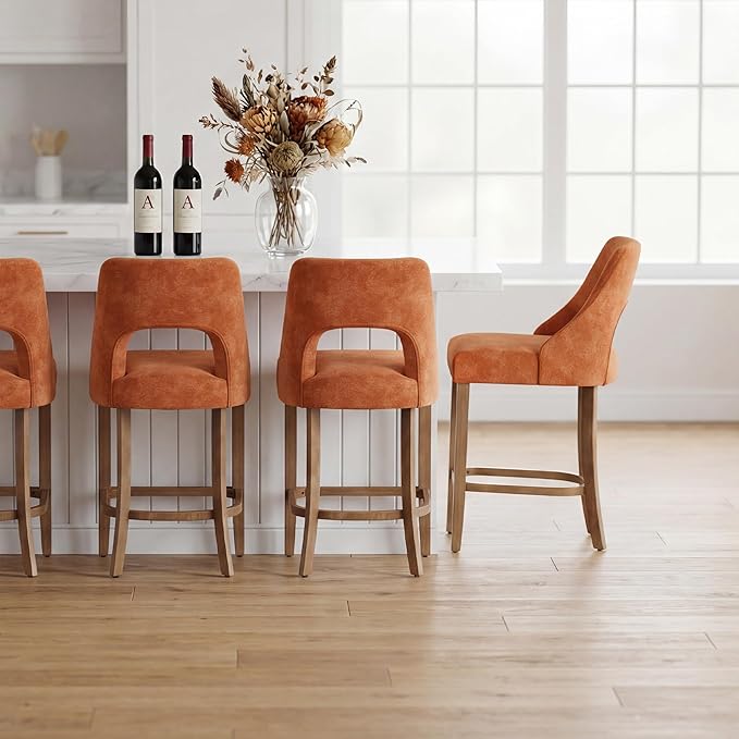UVV Bar Stools Set of 6, Upholstered Counter Height Bar Stools, Modern Counter Stools with Wood Legs for Kitchen Island Dining Room Bar, Orange