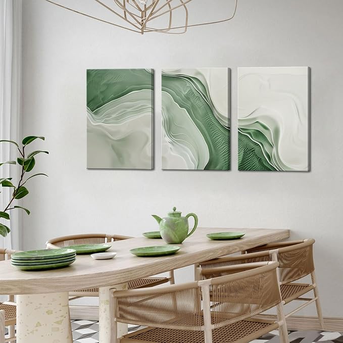 3Pcs Minimalist Green Abstract Canvas Wall Art Modern Neutral Wall Decor Pictures Green White Textured Posters Prints for Living Room Bedroom Home Decoration 16x24in