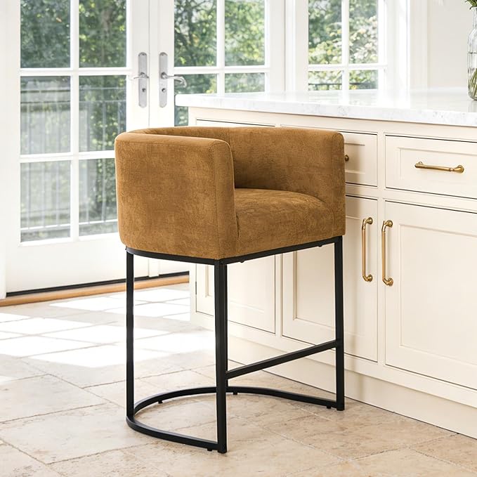 ClinQ 26" H Counter Height Bar Stools Set of 1, Modern Barrel Counter Stools with Backrest and Arms, Black Metal Frames, Chenille Fabric Upholstered Accent Barstools for Kitchen Island, Yellow