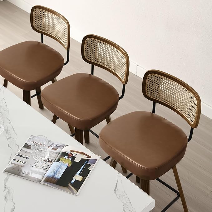 Bekrvio Swivel Counter Height Bar Stools Set of 4, Upholstered Faux Leather Barstools with Rattan Back, 26" Seat Height Bar Chairs for Kitchen Island, Bentwood Wood Frame, Brown