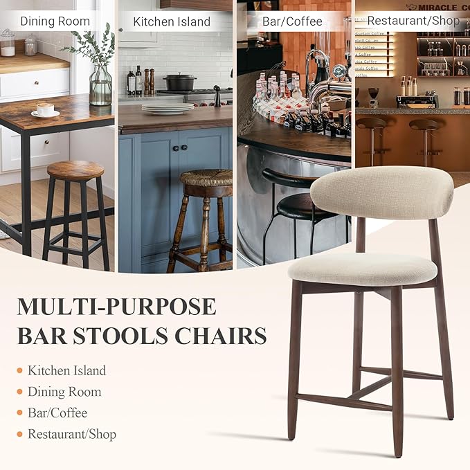 COLAMY Upholstered Counter Height Bar Stools Set of 6, Kitchen Island Stools with Back, Modern Counter Stools Island Bar Chairs with Wood Legs for Kitchen Island Dining Room Bar, Beige