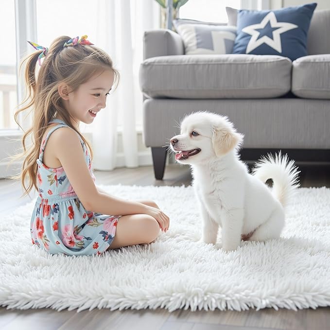 Area Rugs 9x12 Living Room, White Large Area Rug Shag Shaggy Carpet Soft Plush Furry Bedside Rug, Machine Washable Area Rugs for Bedroom Kids Girls Boys Home Decor Anti Slip(9 x 12, White)