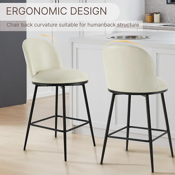 26" Counter Height Swivel Bar Stools Set of 4, Upholstered Faux Leather Barstools with Backs and Metal Legs for Kitchen Island,Cream