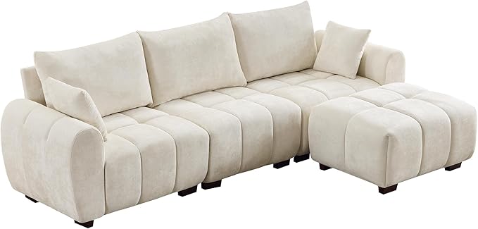 112" Mid Century Modern L Shaped Couch, 3 Seater Modular Sectional Sofa with Movable Ottoman, Deep Seat and Solid Wood Legs, Cloud Couch for Living Room, Chenille Tufted Sofa, Beige