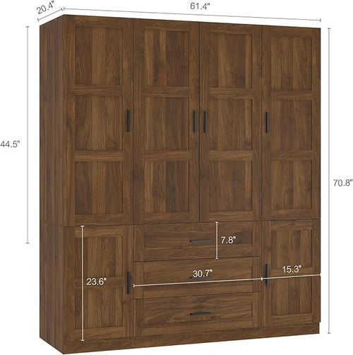 6 Doors Armoire Wardrobe Closet with 3 Big Drawers, 70.8" H Wooden Bedroom Armoires with Shelves and Hanging Rods, Freestanding Clothes Closet Wardrobe Cabinet for Bedroom, Guest Room, Brown