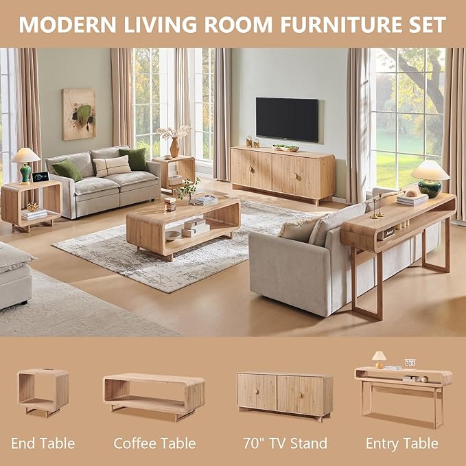 IFGET Modern Buffet Cabinet with Storage, 70" Large Sideboard Buffet Storage Cabinet with 4 Doors and Adjustable Shleves, Wooden Curved Coffee Bar for Dining Room, Kitchen, Living Room, Natural Oak