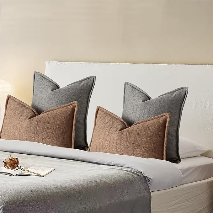 DEZENE 12x20 Linen Pillow Covers Brown Pack of 2 Farmhouse Boho Neutral Accents Striped Textured Rectangular Lumbar Decorative Throw Pillow Cases for Living Room Couch Bed Home Decor