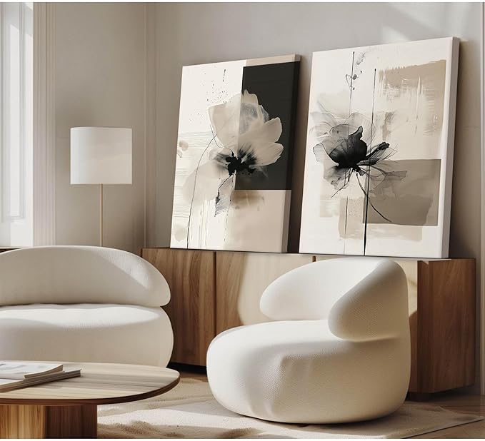 Modern Abstract Floral Wall Art Minimalist Neutral Canvas Painting Decor Beige Cream And Black Wall Art Contemporary Flower Picture Prints for Living Room Bedroom 12x16 Inch Wrapped Canvas Set of 2