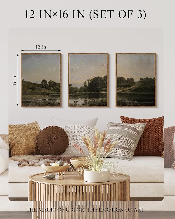 Vintage Framed Landscape Wall Art Set of 3 12x16 Countryside Lake Canvas Painting, Rustic Tranquil Hillside Meadow Views Nature Scenery Print, Classic Pastoral Living Room Bedroom Farmhouse Decor