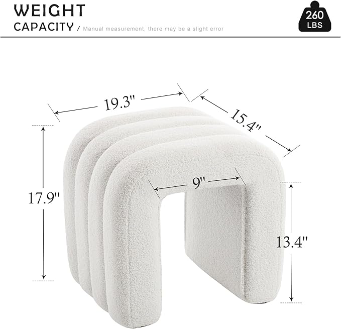 White Teddy Fleece Tufted Ottoman Stool Set of 2, Small Arch Footrest for Couch, Modern Vanity Stool for Makeup Room, Living Room, Entryway, 15.4 x 19.3 x 17.9 Inches, 260lb Capacity