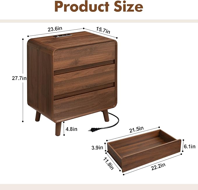 Nasonet 27.7'' Tall Night Stands Set 2 with Chaing Station, Mid-Century Modern Large Bedside Table with Outlets, Wide Wood End Table for Bedroom, Walnut