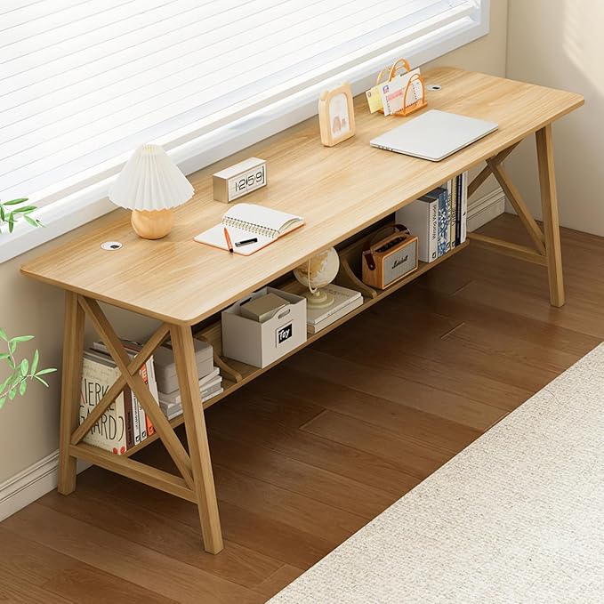 NELYE Extra Long Desk with Bookshelf - Wooden Home Office Work Study Table, 2-Person Writing Computer Workstation with Storage Shelf in Oak, 71" Wx20 Dx30 H