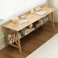 NELYE Extra Long Desk with Bookshelf - Wooden Home Office Work Study Table, 2-Person Writing Computer Workstation with Storage Shelf in Oak, 71" Wx20 Dx30 H