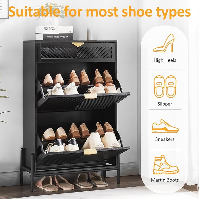 Shoe Cabinet Storage with 2 Flip Drawers, Narrow Hidden Shoes Organizer Cabinet for Entryway, Freestanding Slim Shoe Rack Front Door Entrance(Black)