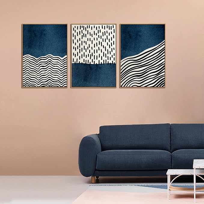 Framed Wall Art Canvas Set Mid Century Boho Picture Modern Abstract Geometric Lines Wall Decor Minimalist Black Indigo Canvas Painting Artwork Living Room Bedroom Home Office 20"x28"x3 Natural
